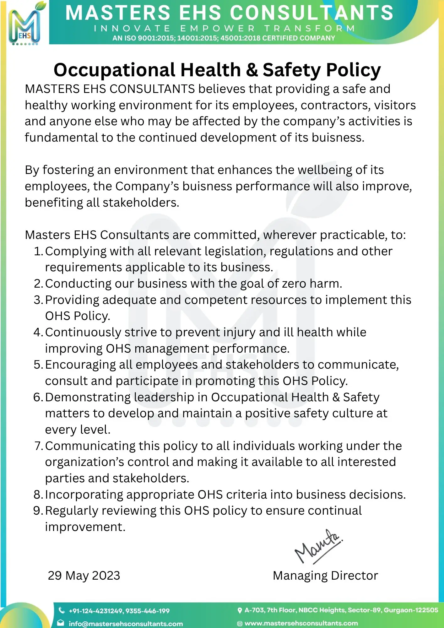 Occupational Health & Safety Policy